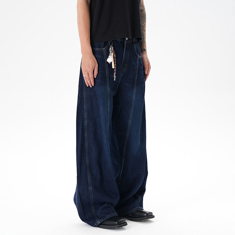 Washed Distressed Dark Blue Wide Leg Machete Jeans - kinko