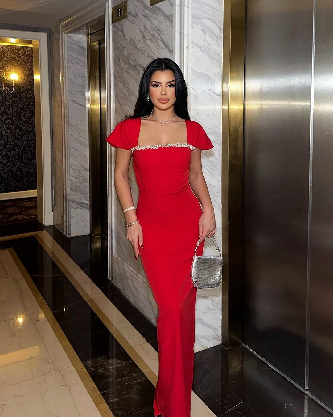 Solid Color Diamond Evening Dress - kinko