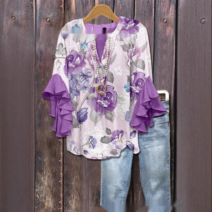 Women's Creative Printing Casual V-neck Lotus Sleeve T-shirt - kinko