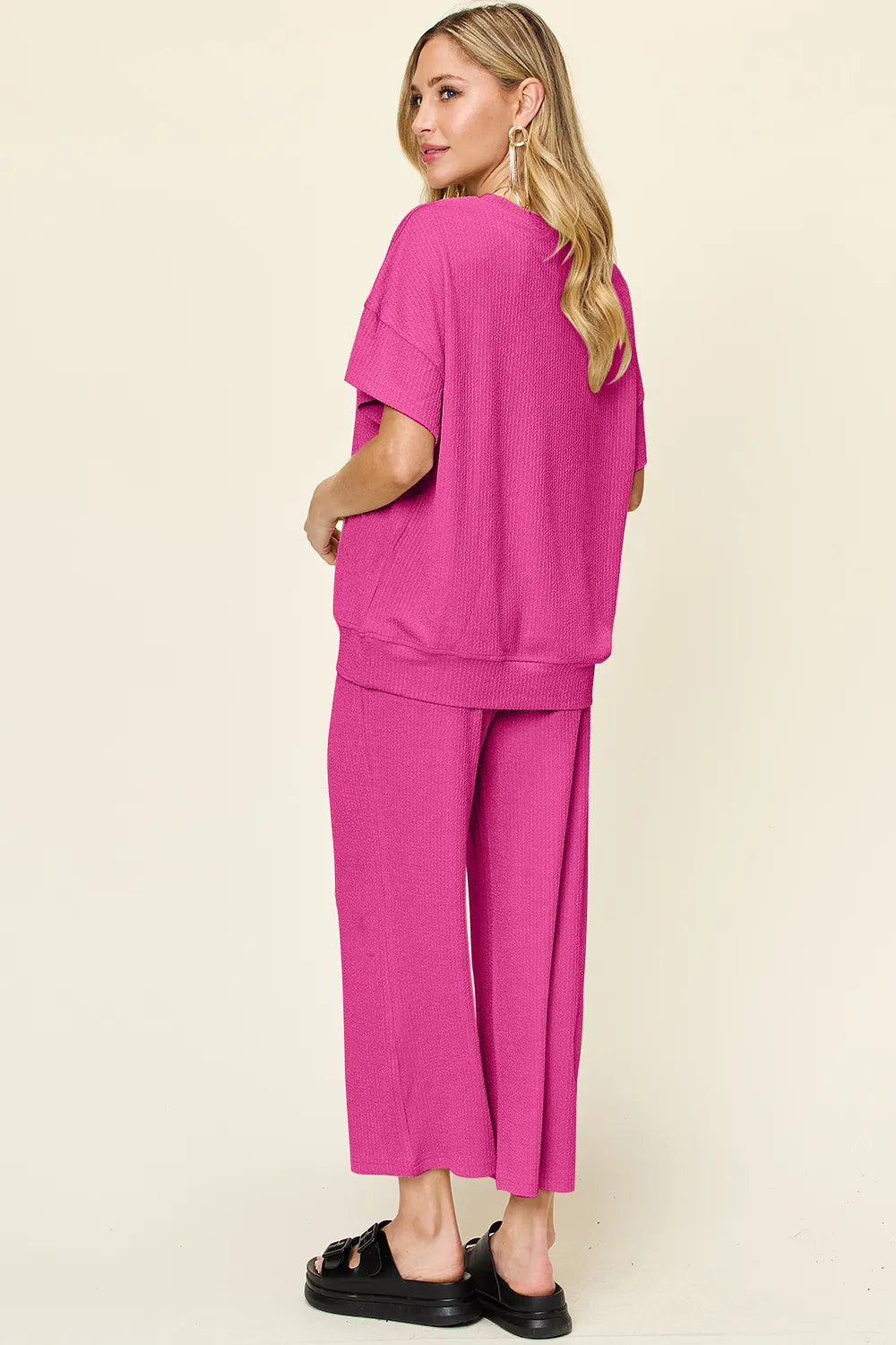 Double Take Full Size Texture Round Neck Short Sleeve T-Shirt and Wide Leg Pants - kinko