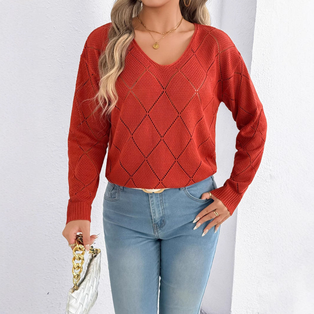 Solid Color And V-neck Sexy Cutout Plaid Long-sleeved Sweater Sweater - kinko