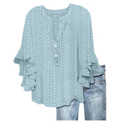 Printed Casual Trend V-neck Flounce Sleeve T-shirt - kinko
