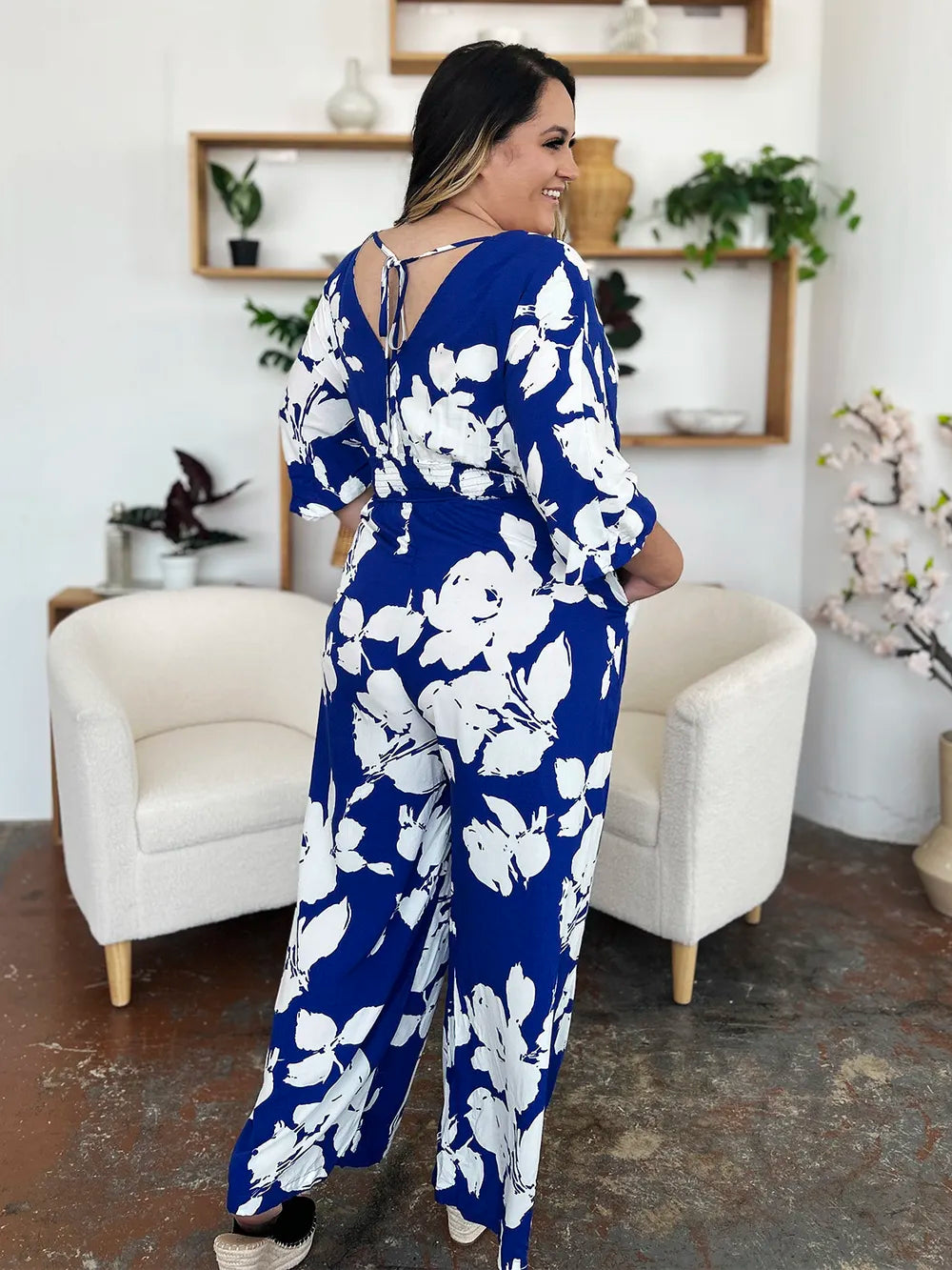 Double Take Full Size Printed Tie Back Wide Leg Jumpsuit - kinko