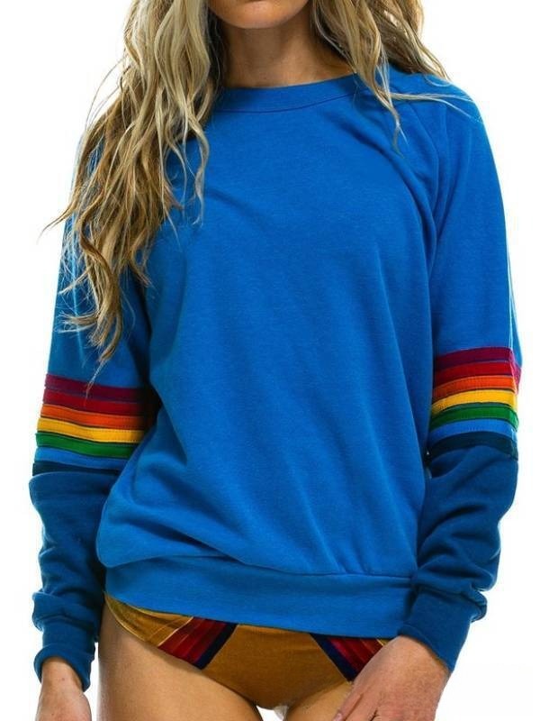 Simple Loose Plus Size Print Color Stripes Stitching Long-sleeved Sweater - kinko