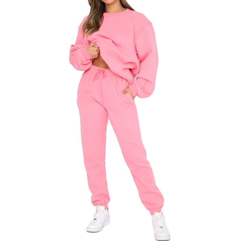 Crew Neck Pullover Sweatshirt Fleece-lined Fashion Casual Sweater Sweatpants Two-piece Set - kinko