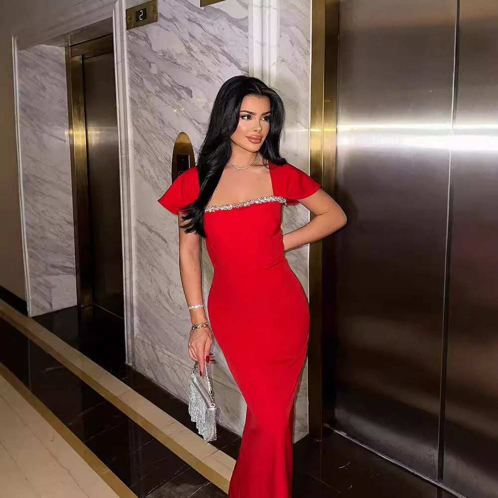 Solid Color Diamond Evening Dress - kinko