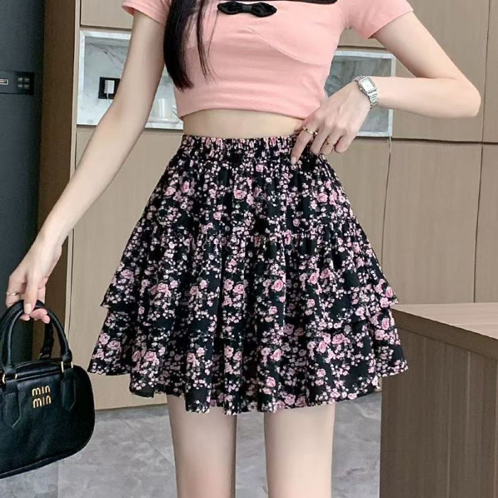 French Style Vintage And Little Fresh Cherry Floral A- Line Skirt - kinko