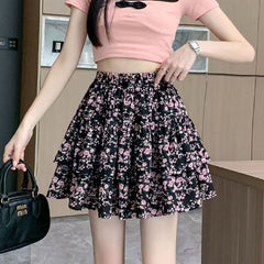 French Style Vintage And Little Fresh Cherry Floral A- Line Skirt - kinko