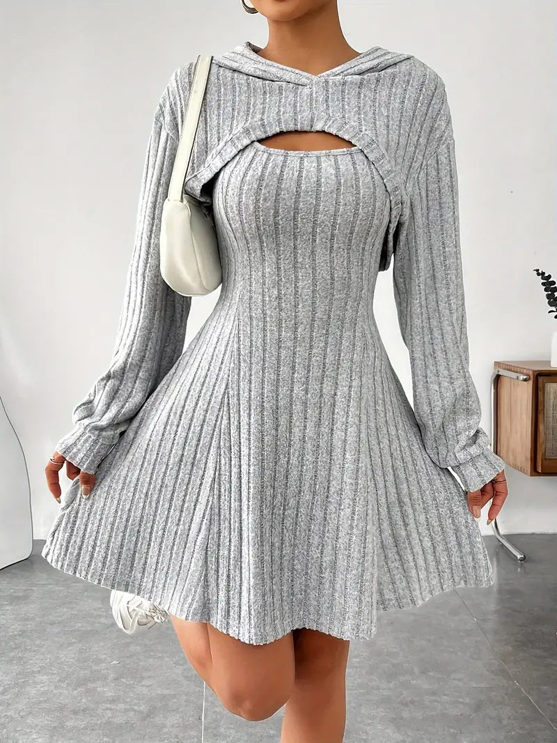 Women's Two-piece Set Dresses New Fashion Fall Winter Hooded Shawl Long-sleeved Vest Short Skirt - kinko
