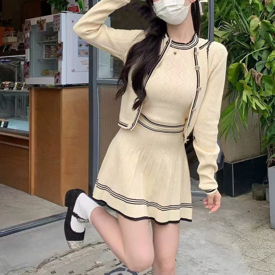 Classic Style Knitted Long Sleeve Cardigan Coat Inner Vest Women's Autumn Skirt Three-piece Set - kinko