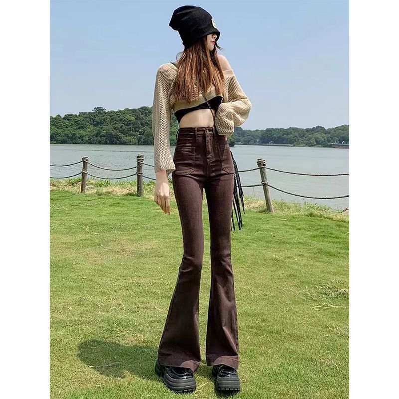 Stretchy High Waist Slimming Design Sense High Street Bell-bottom Pants Tide - kinko