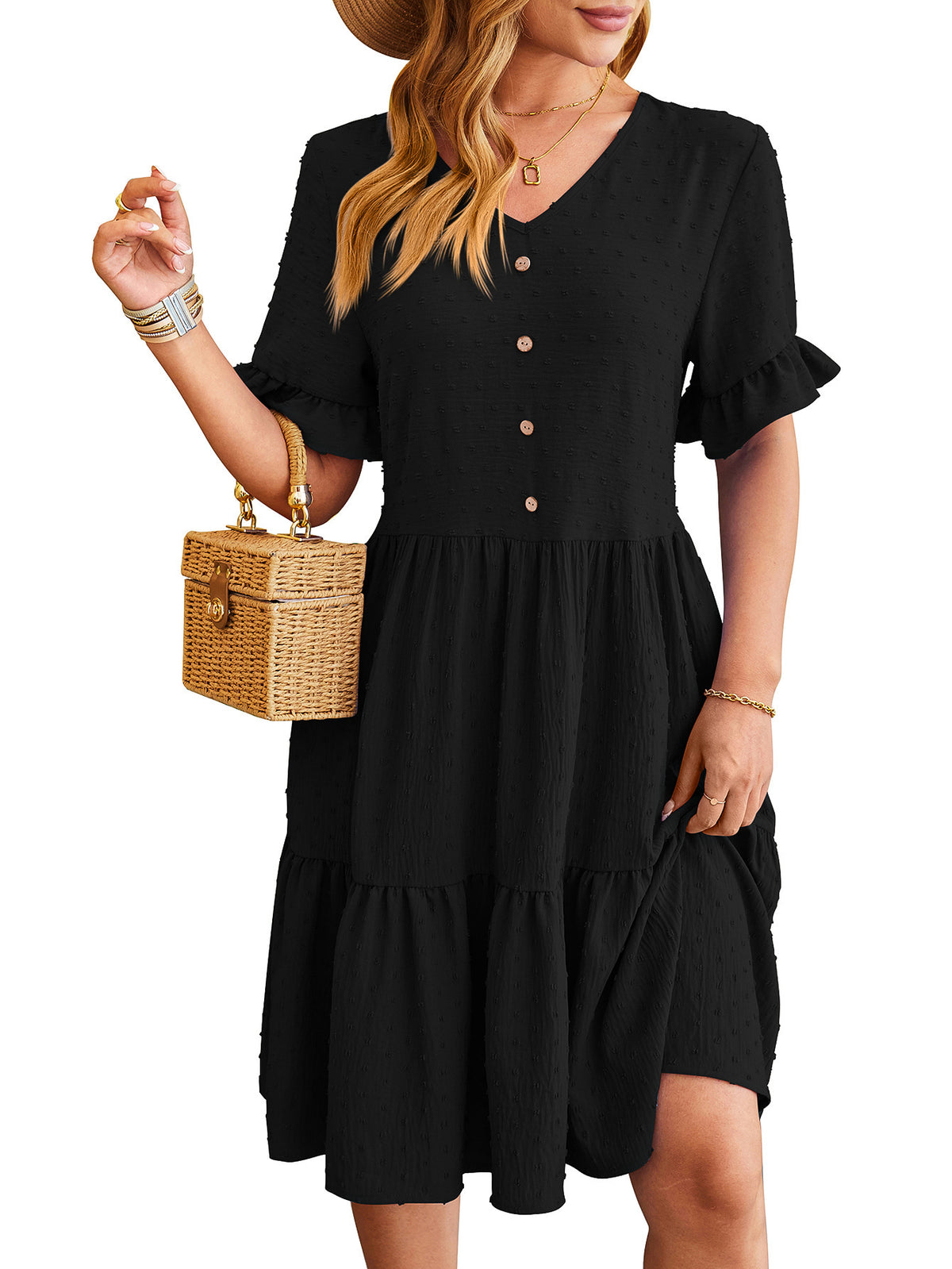 New V-neck Ruffle Short-sleeved Dress Summer Casual Fashion Button Jacquard Design Pleated Dresses Solid Color Womens Clothing - kinko