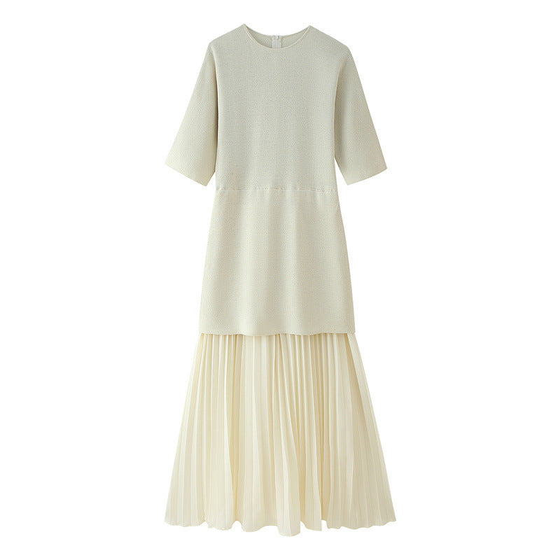 Fashionable Elegant Brown Patchwork Pleated Dress - kinko