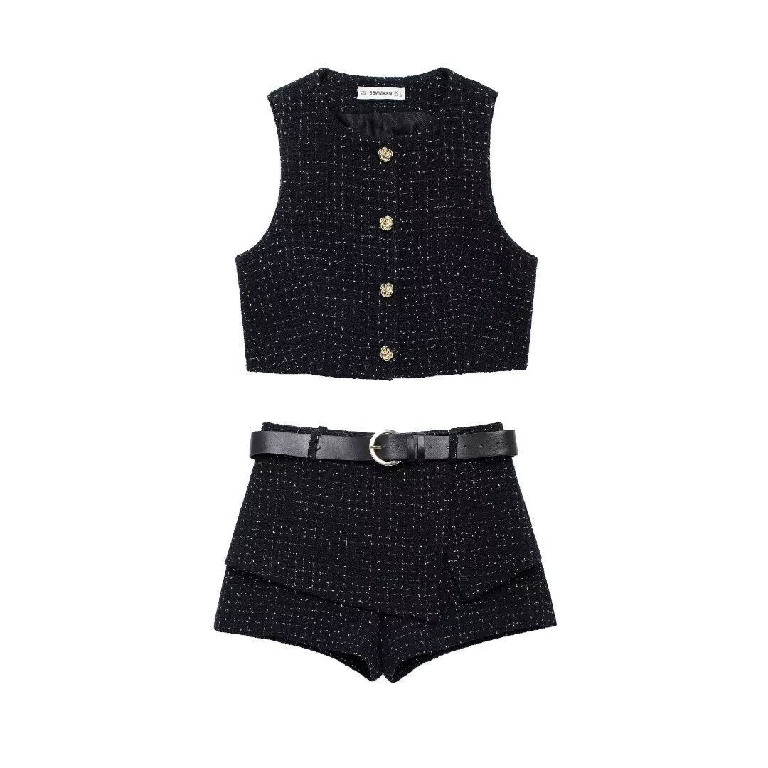 Textured Sleeveless O-neck Short Tweed Sleeveless Waistcoat Outerwear - kinko