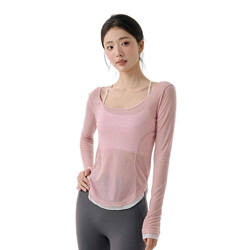 Loose Casual High-grade Yoga Clothes Blouse Hem Contrast Color Light Breathable Sexy Backless - kinko