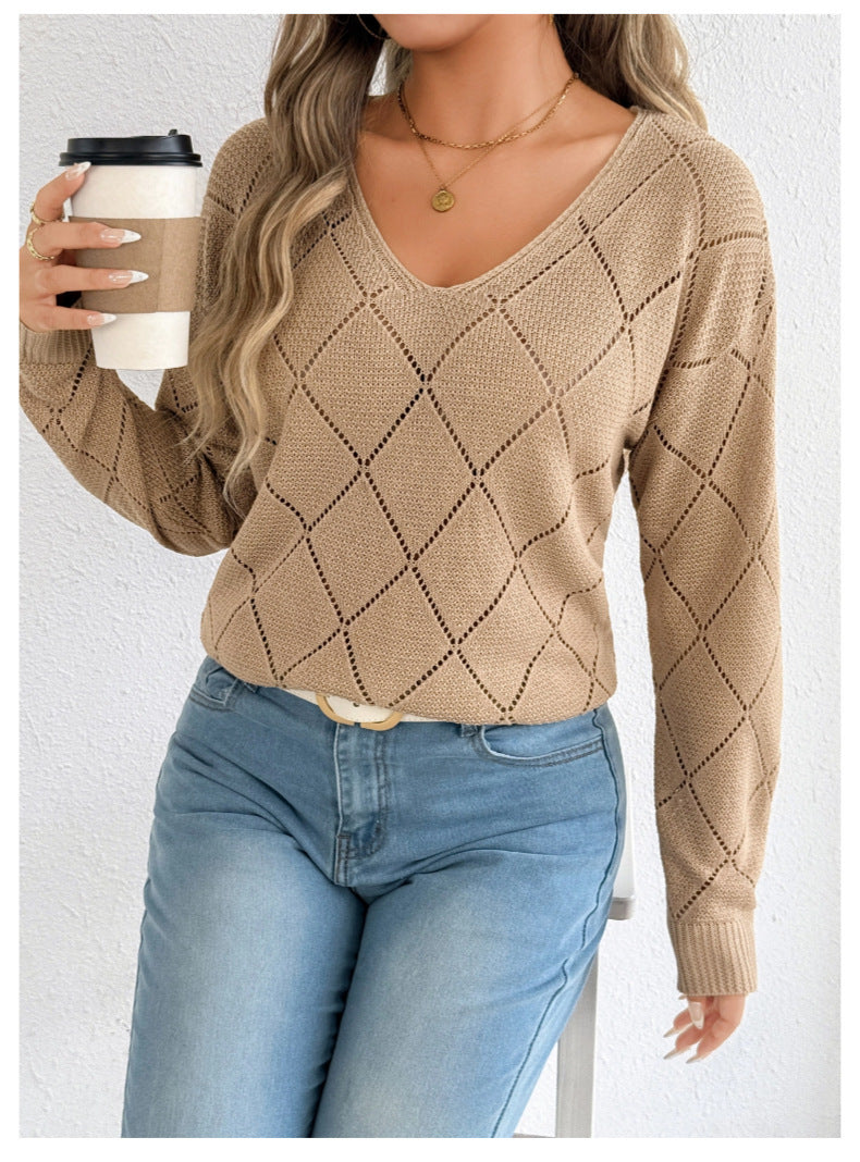 Solid Color And V-neck Sexy Cutout Plaid Long-sleeved Sweater Sweater - kinko