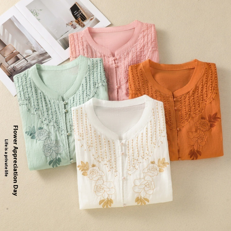 Artistic Retro Embroidery Five-quarter Sleeve Stand Collar Shirt For Women - kinko