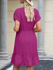 Womens Summer Dresses Short Sleeve V Neck Drawstring Casual Flowy Ruffle A-Line Swing Mini Babydoll Tunic Dress - kinko