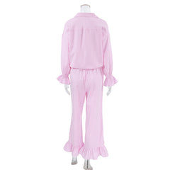 Fall Pink Plaid Retro Pajamas Ruffled Long Sleeved Cardigan Trousers Two Piece Home Wear Women