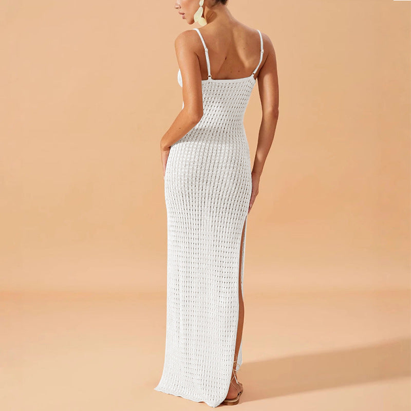Solid Color Sling Dress Side Slit Summer Pure Want to Wear Seaside Women Knitted Dress Slim French Hip - kinko Global Holdings inc