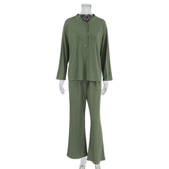 Autumn Knitted Sunken Stripe Casual Simple Pajamas Women Long Sleeved Trousers Comfortable Home Wear