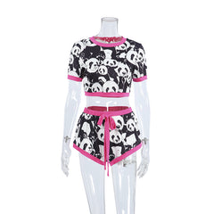 Summer Cool Cute Panda Print Stitching Short Sleeved Shorts Two Piece Women Home Wear