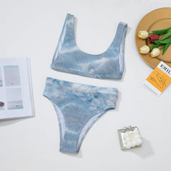 Sexy Blue White Blooming Vest U Collar High Waist Bikini