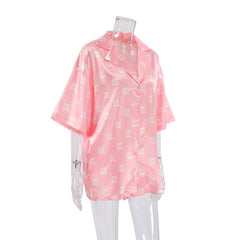 Satin Printed Cardigan Long Sleeve Shorts Pajamas Two Piece Set Soft Comfortable Ladies Homewear