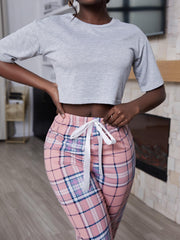 Pajamas Women Spring Short Sleeved Cropped Outfit Trousers Homewear Suit