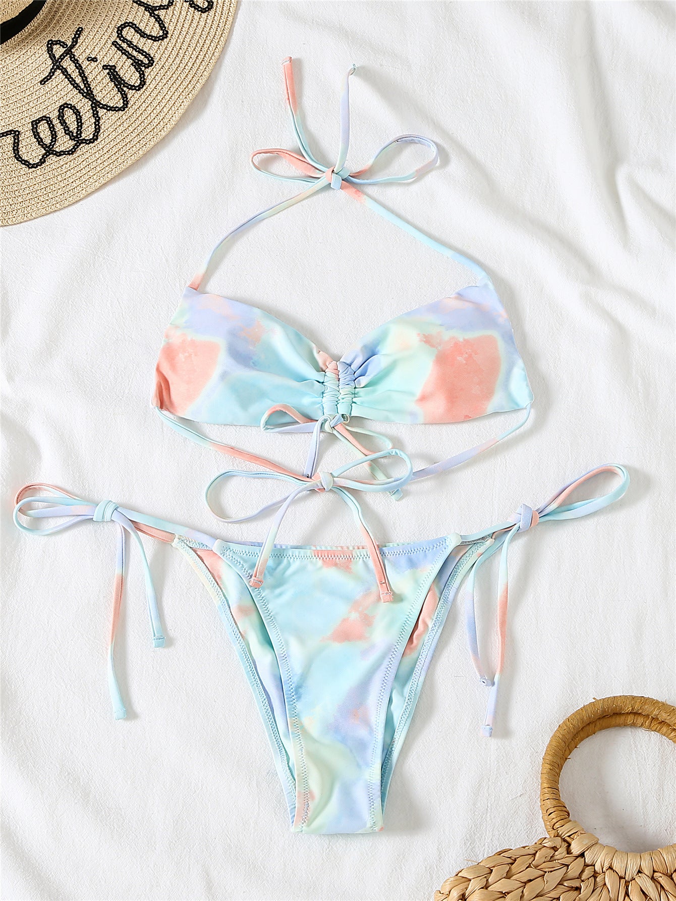 Women Split Swimsuit Lace up Sexy Halter Tie Dye Bikini - kinko Global Holdings inc