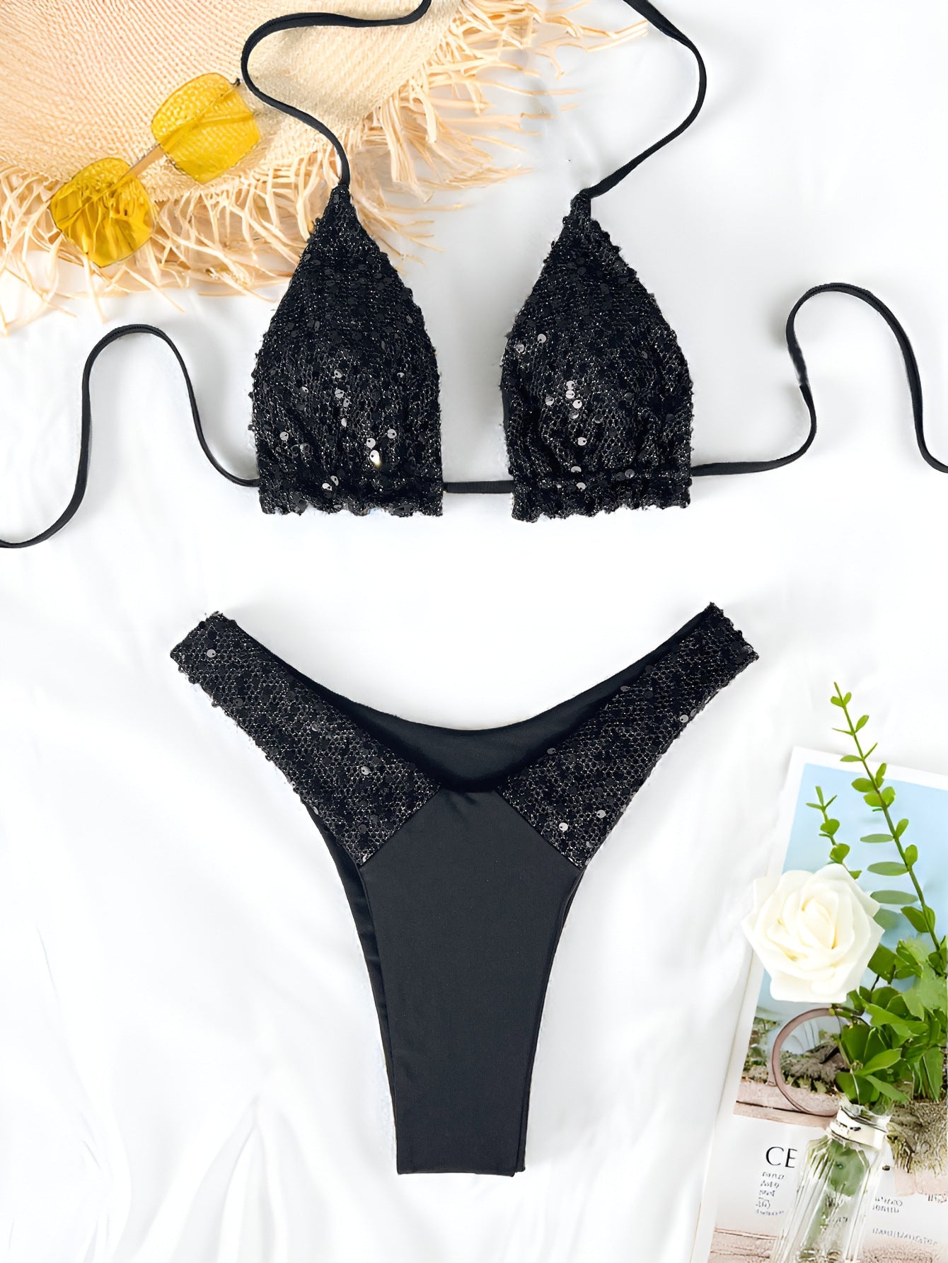 Bikini Double Bikini Solid Color Swimsuit Sexy Swimming Women Sequined Swimsuit Strap Bikini - kinko Global Holdings inc