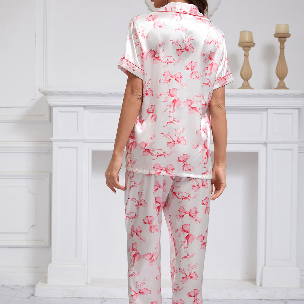 Satin Printed Pajamas Comfortable Homewear Short Sleeve Trousers Two Piece Sets Women Spring Summer Floral Satin Collared Artificial Silk - kinko Global Holdings inc