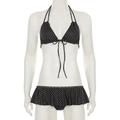 Women Clothing Vacation Swimsuit Sexy Sexy Polka Dot Print Tied Lotus Leaf Split Bikini Two Piece Sets