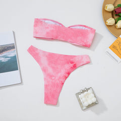 Sexy Tube Top Pink Blooming High Waist Bikini