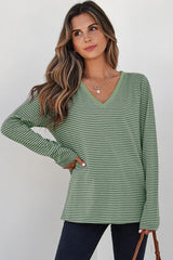 Green Stripe V Neck Stretchy Long Sleeve Top - kinko