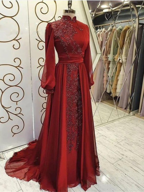 Stand Collar Luxury Long Sleeve Evening Dress - kinko