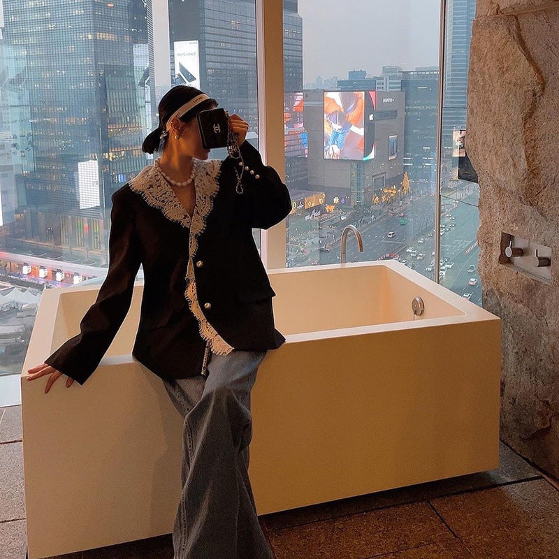 Pearl Button Lace Lace Lapel Blazer Women - kinko