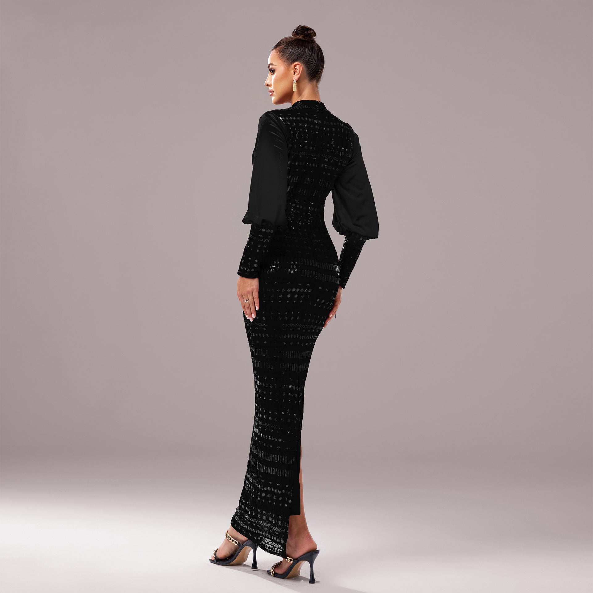 Long Sleeve Round Neck Sequins Slit Evening Dress - kinko