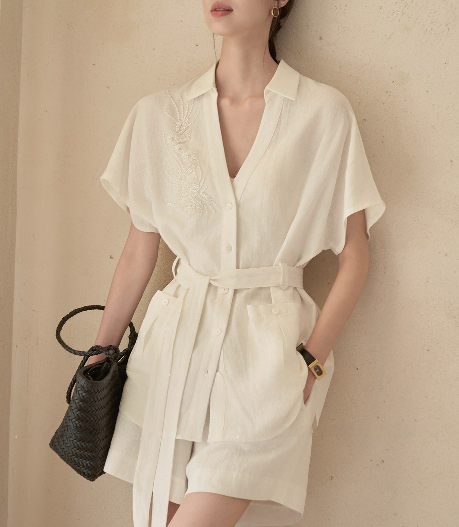 Imitation Cotton And Linen Texture Heavy Industry Short Sleeve Shirt Coat Shorts Suit - kinko