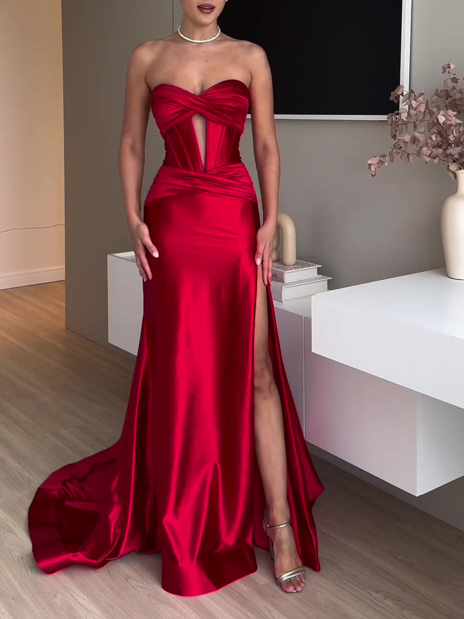Tube Top Slit Red Extra Long Evening Dress - kinko