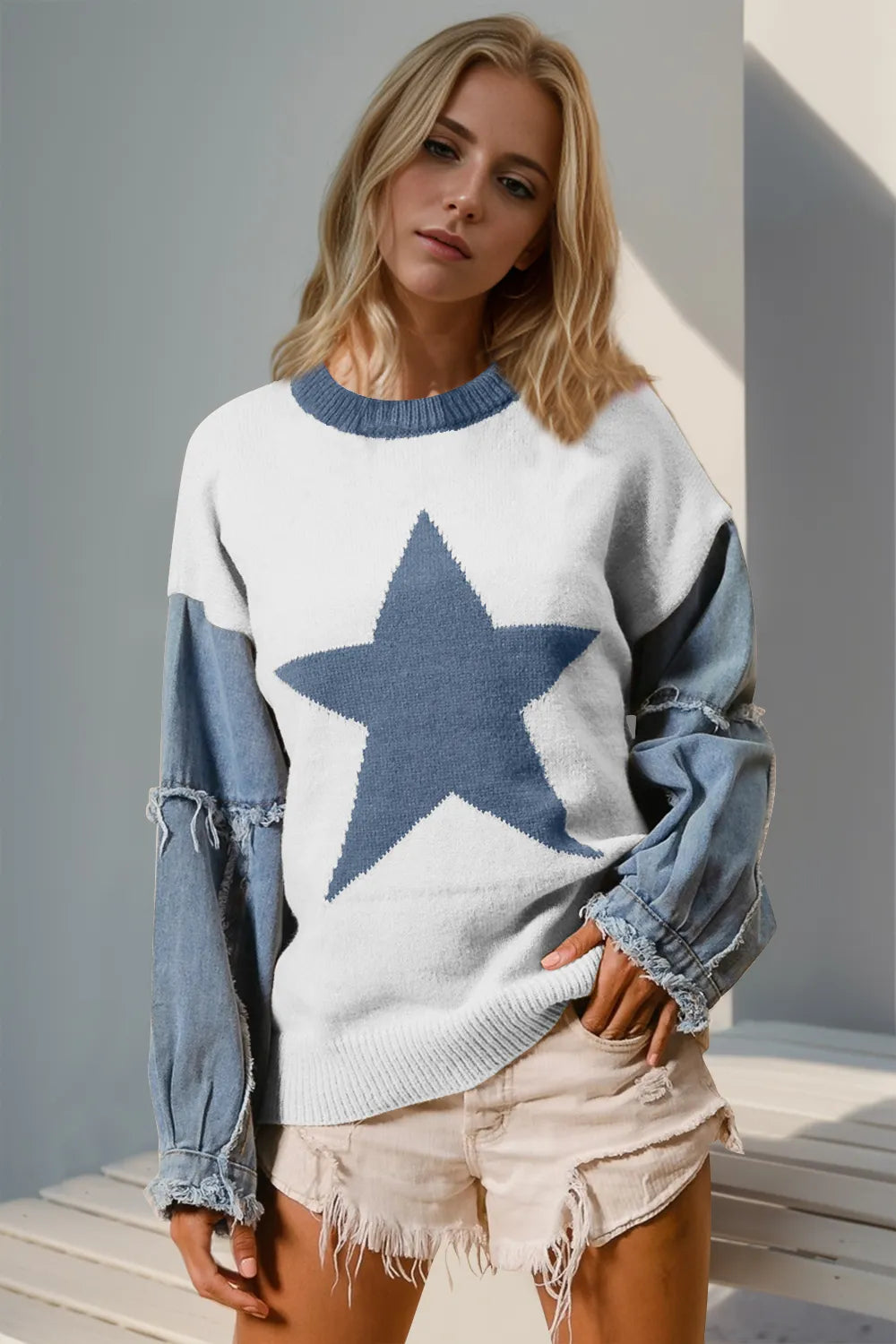 Double Take Full Size Star Pattern Raw Edge Long Sleeve Sweater - kinko