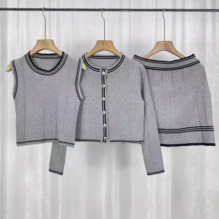 Classic Style Knitted Long Sleeve Cardigan Coat Inner Vest Women's Autumn Skirt Three-piece Set - kinko