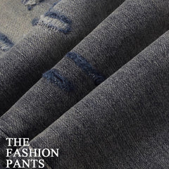 Worn Looking Washed-out Hole Patch Trendy Brand Embroidered Slim Fit Jeans - kinko