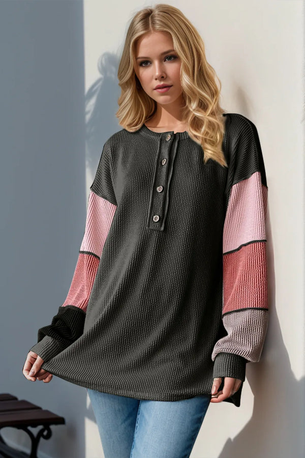 Double Take Full Size Color Block Round Neck Long Sleeve T-Shirt