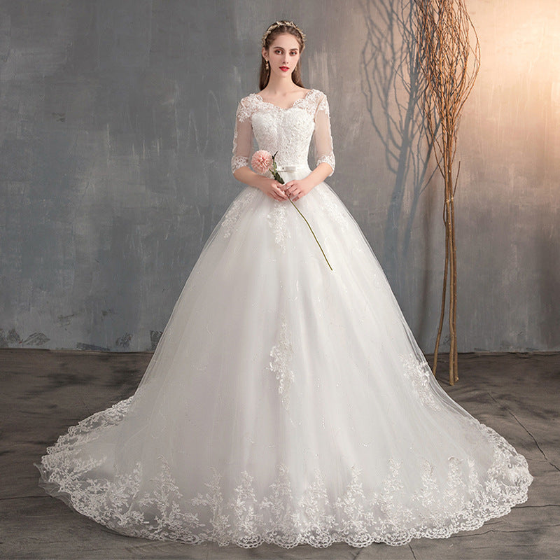 Wedding Dress Trailing Deep V Neck Lace High Waist Wedding Dress Long Sleeves - kinko
