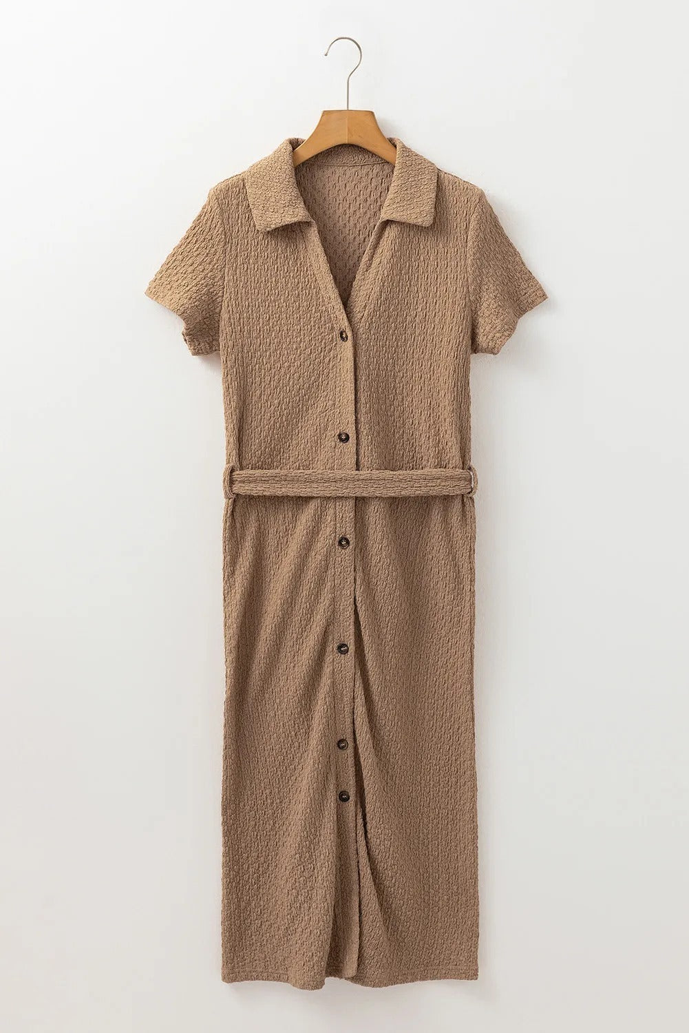 Buckskin Short Sleeve Textured Button Up Tie Waist Long Dress - kinko