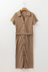 Buckskin Short Sleeve Textured Button Up Tie Waist Long Dress - kinko