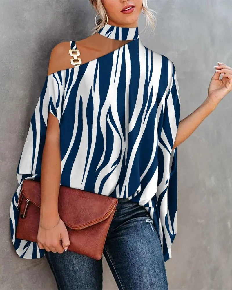 Wear Halter Shawl Printed Elegant Short Sleeve Bat Shirt - kinko