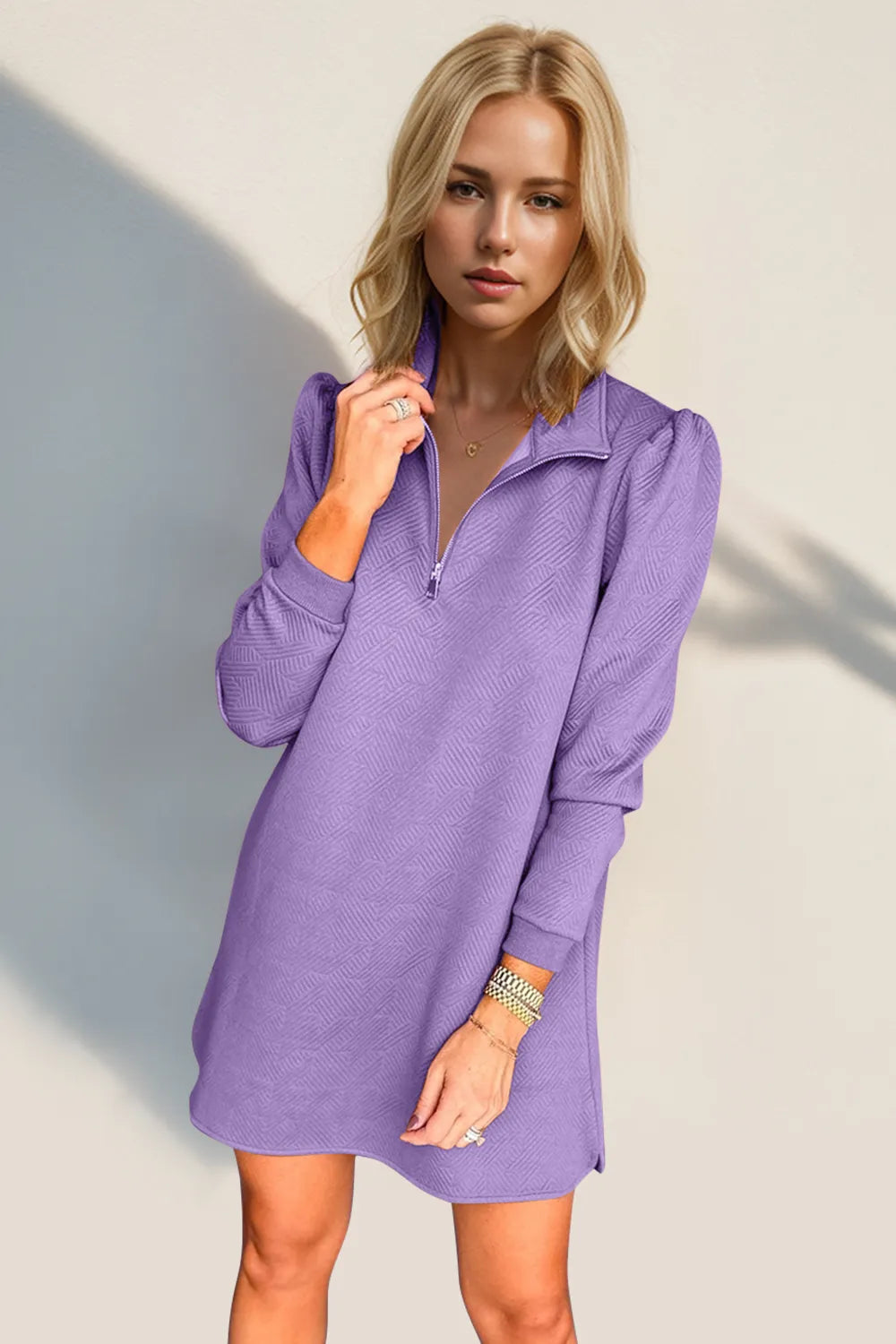 Double Take Textured Quarter Zip Long Sleeve Dress - kinko