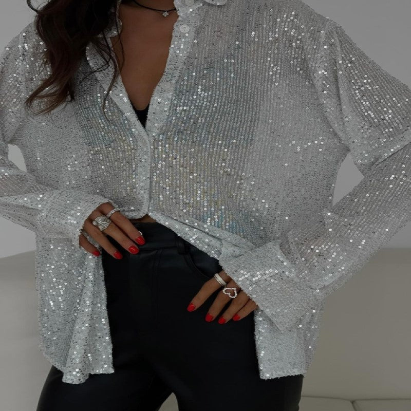 Elegant Women's Sequin Shirt - Stylish Long Sleeve Button-Up Blouse With Glitter Details, Perfect For Party & Casual To Formal Wear - kinko